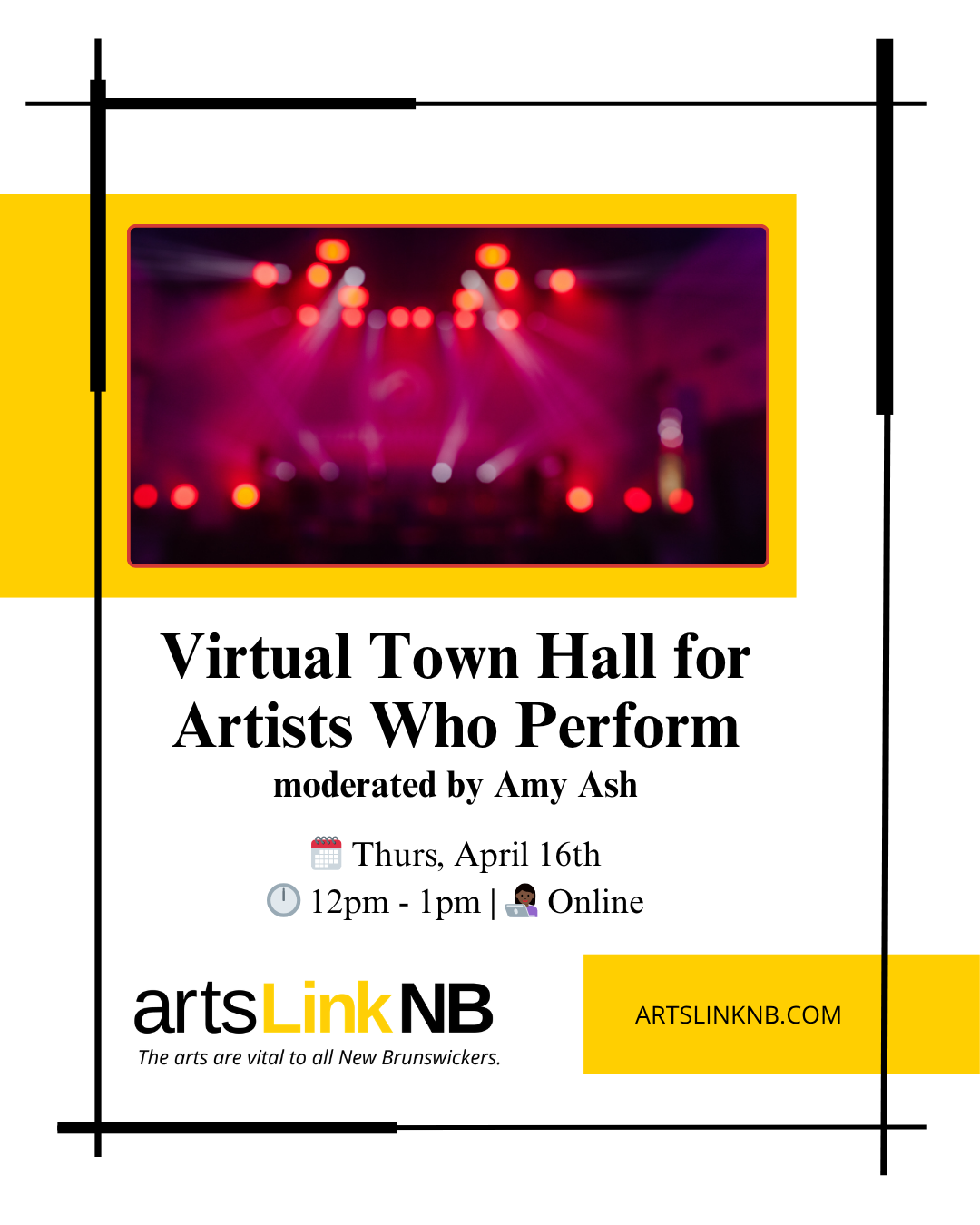 Virtual town hall for performing artists, April 16, 12–1pm online, moderated by Amy Ash, hosted by ArtsLink NB.