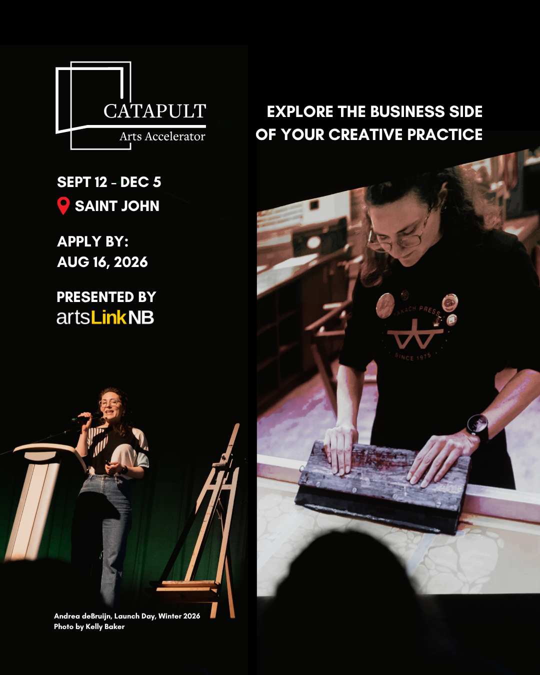 promotional poster for CATAPULT Arts Accelerator program. pictures a presenter at previous event and an artist.