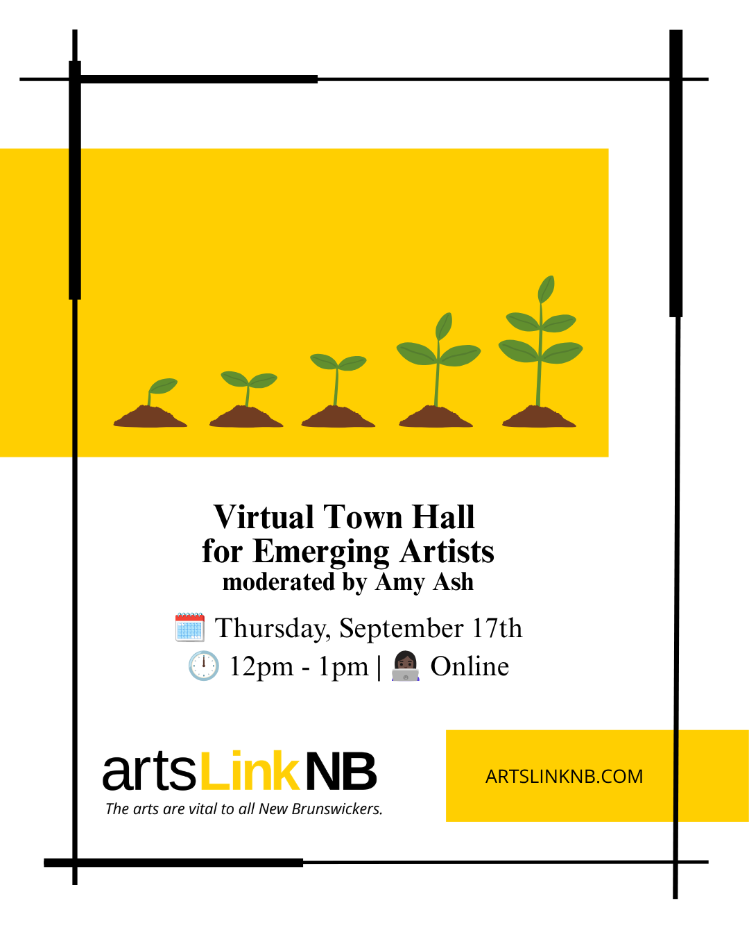advertisement for virtual town hall for emerging artists. white background with yellow accents, and an image of a seedling growing.