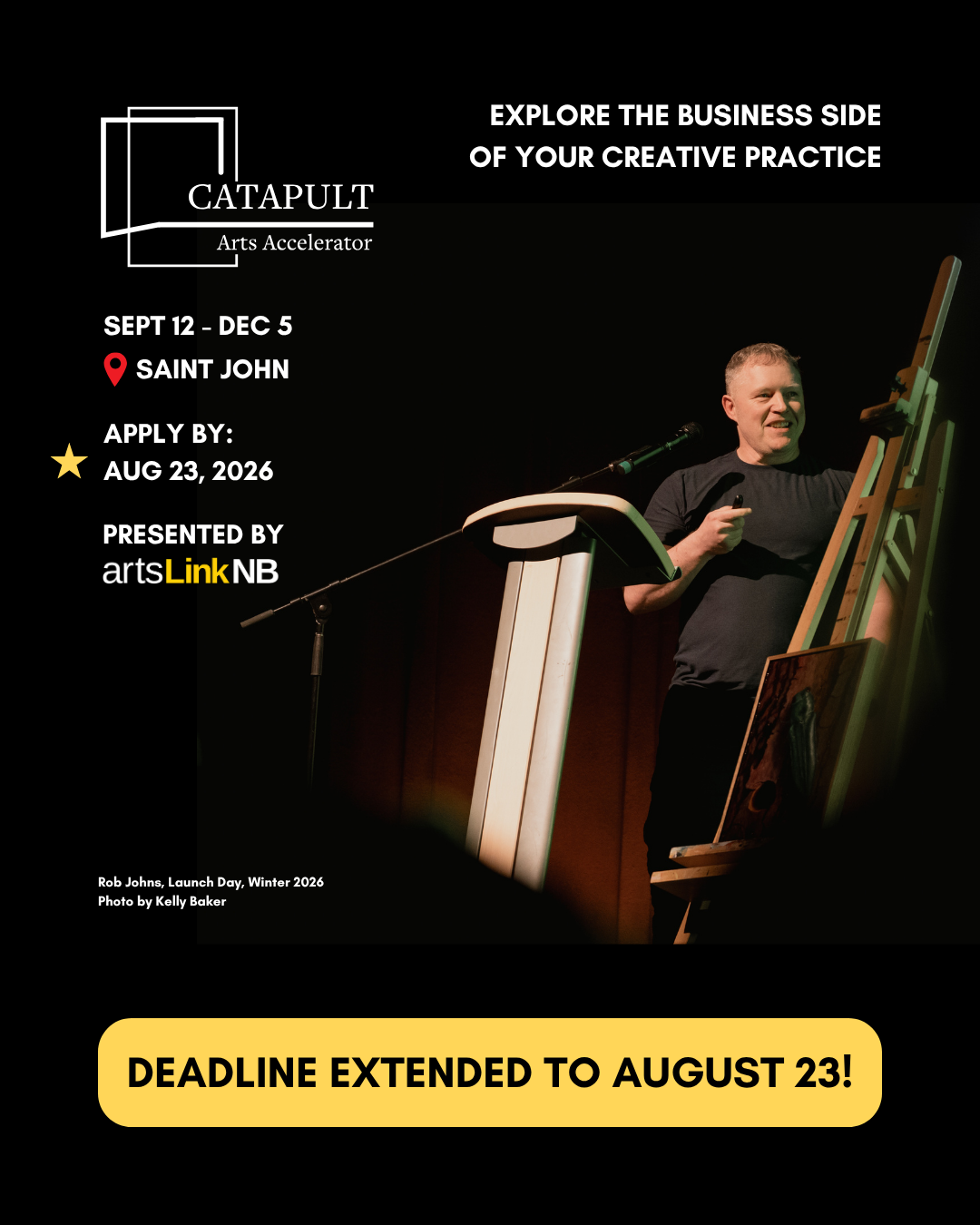 advertisement for catapult arts accelerator with updated deadline of august 23, 2026